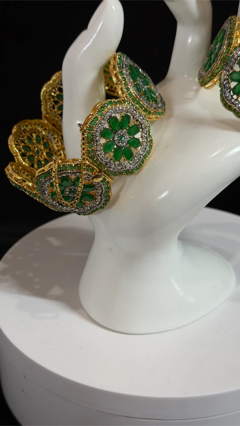 Openable Gold Tone Bracelet with Green Stones and Crystals - photo 5