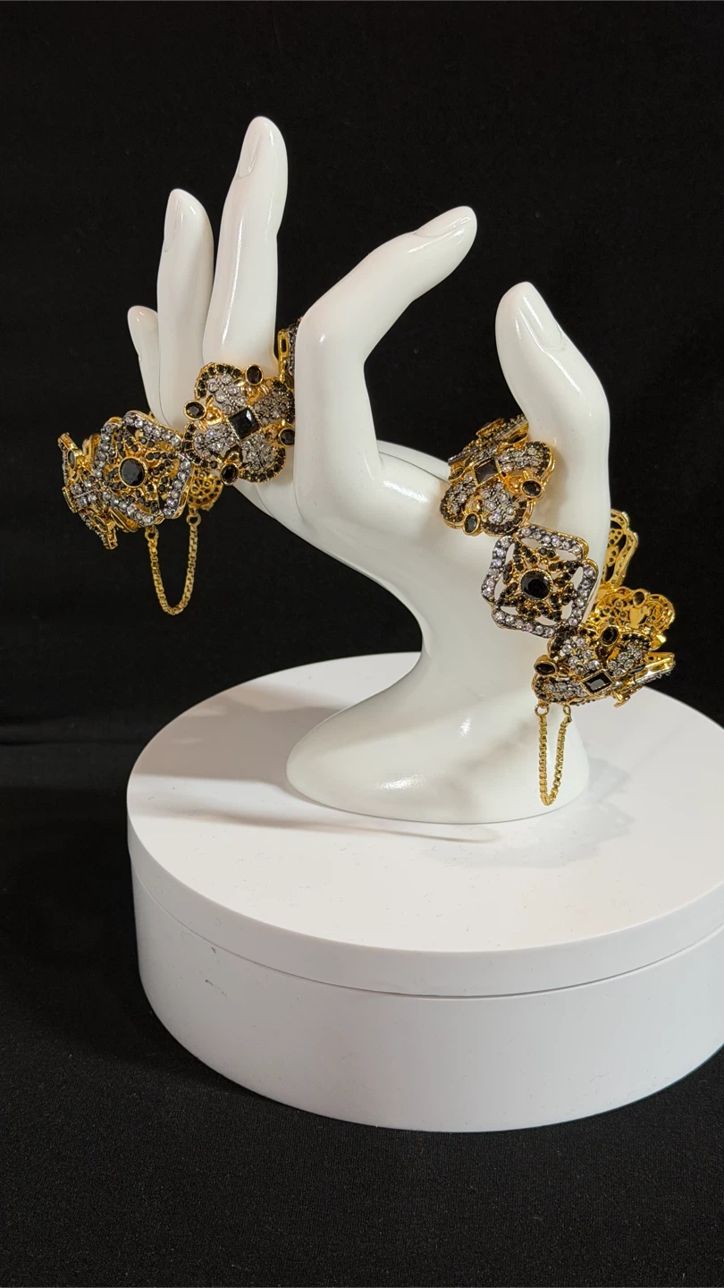 Openable black Gold Tone Beaded Bracelet Set