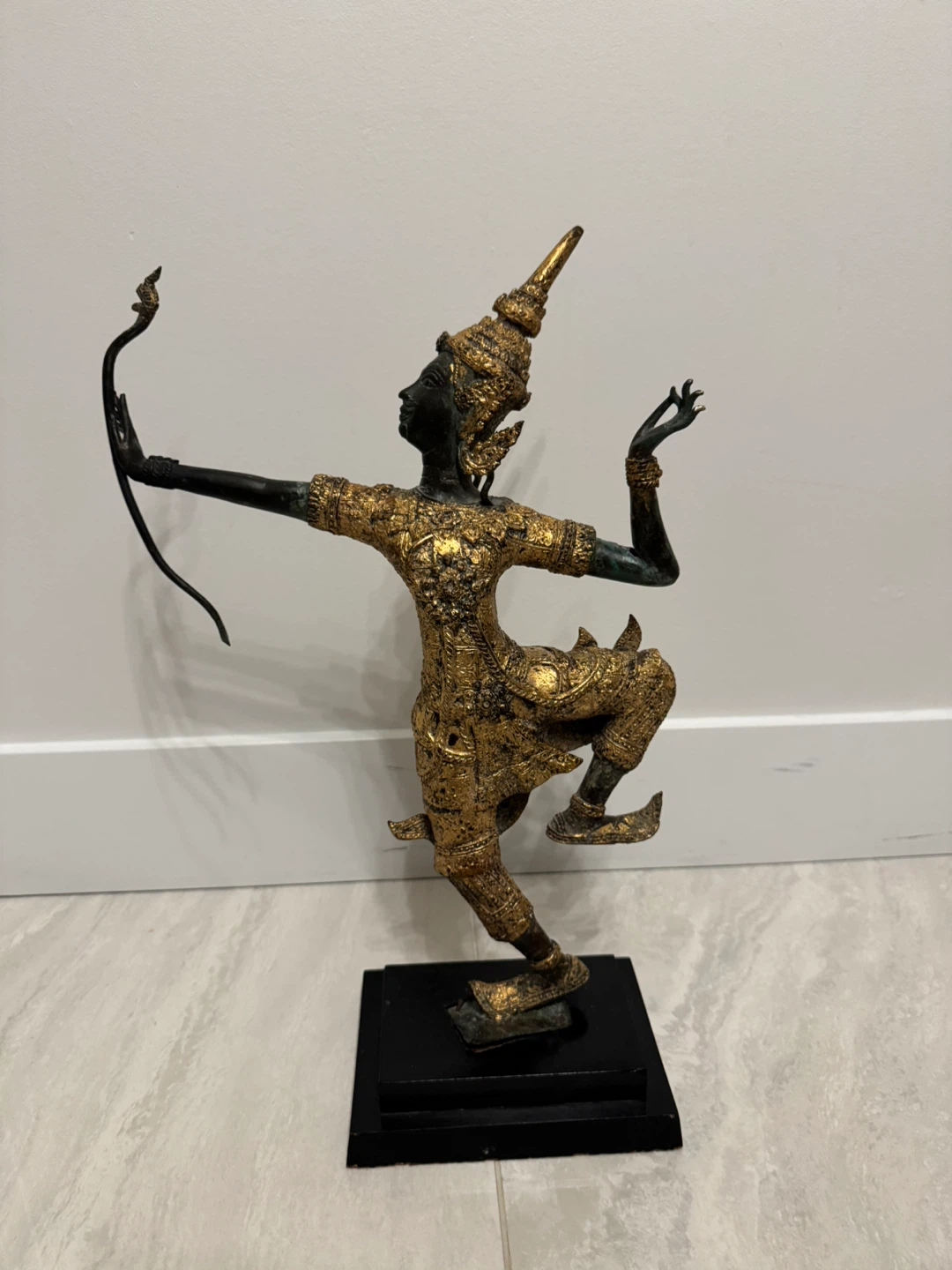 ANTIQUE THAI GILT BRONZE PRINCE RAMA DANCING WITH BOW