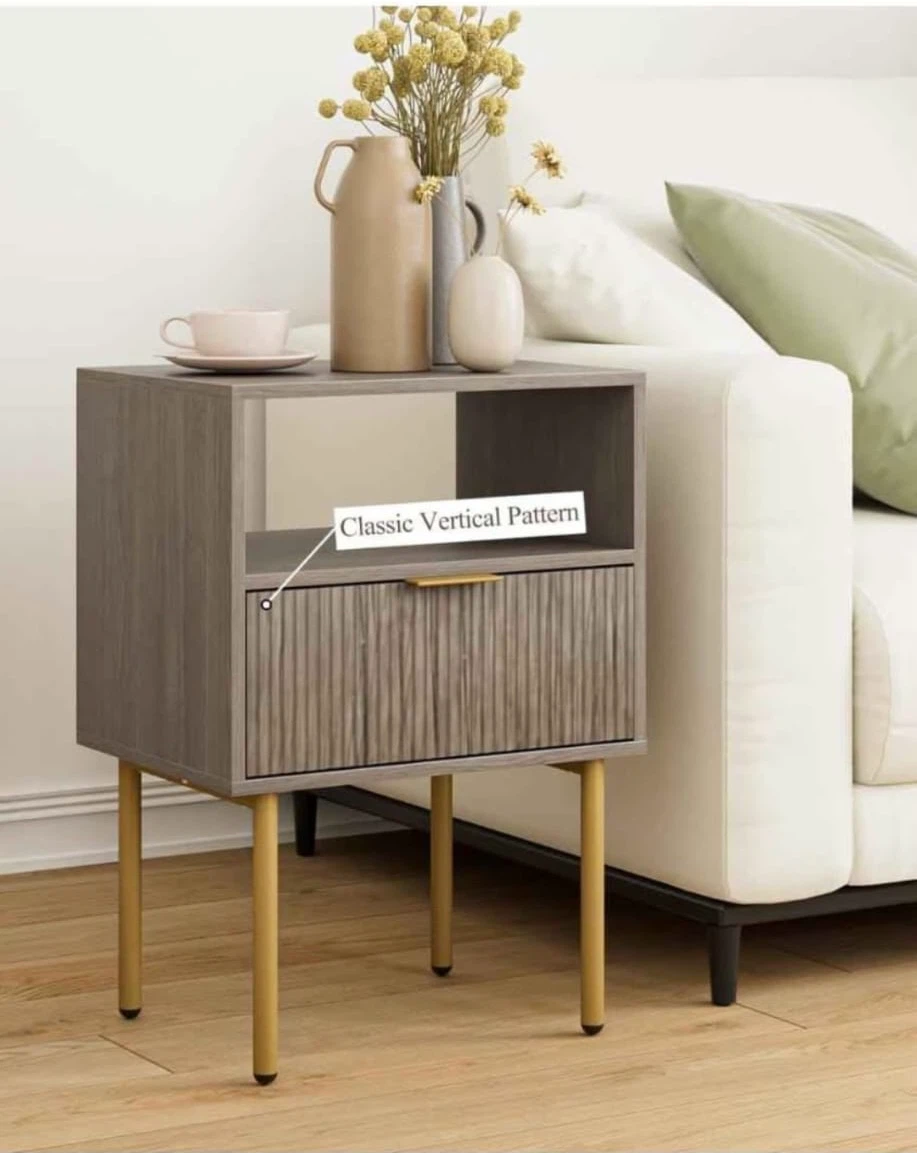 Grey Wood Grain Nightstand with Drawer