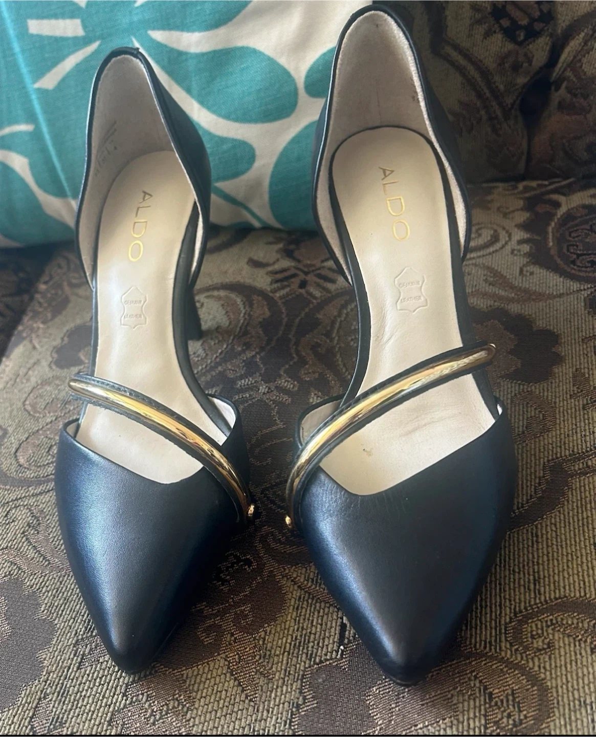 ALDO Black Pointed-Toe Heels with Gold Detail