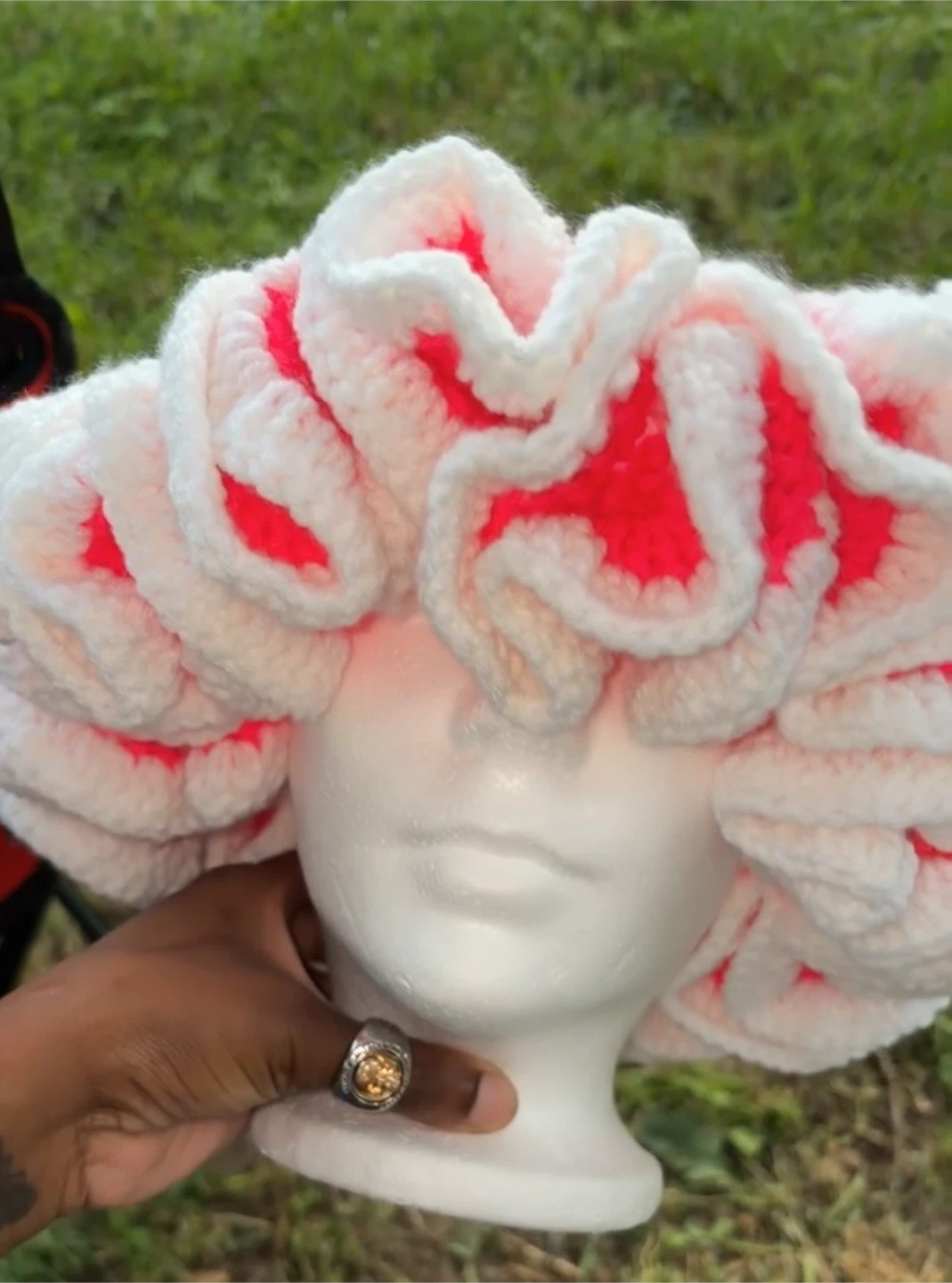 Crocheted Wig Hat with Pink and White Ruffles