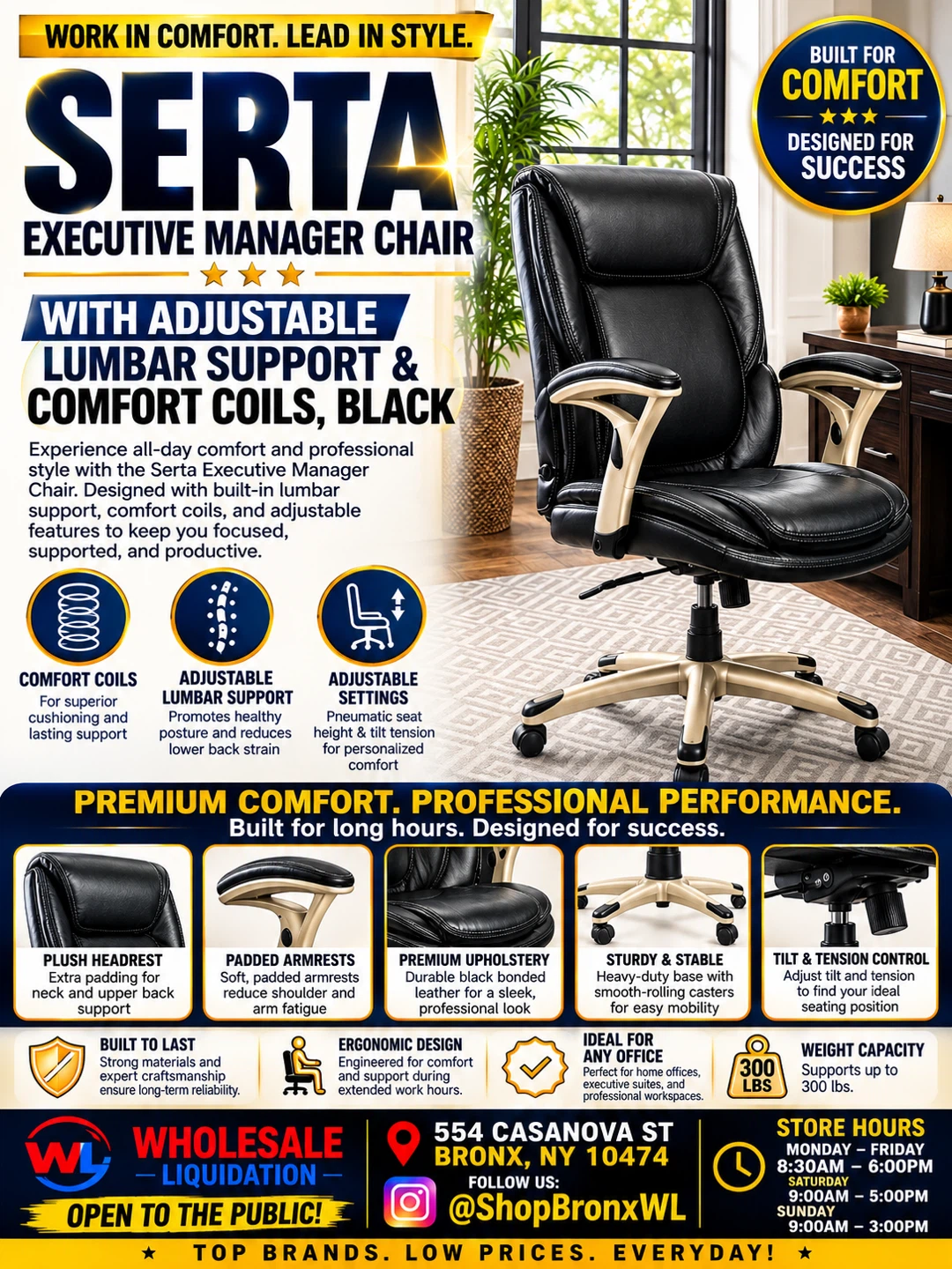 Serta Executive Manager Adjustable Lumbar Support Comfort Coils