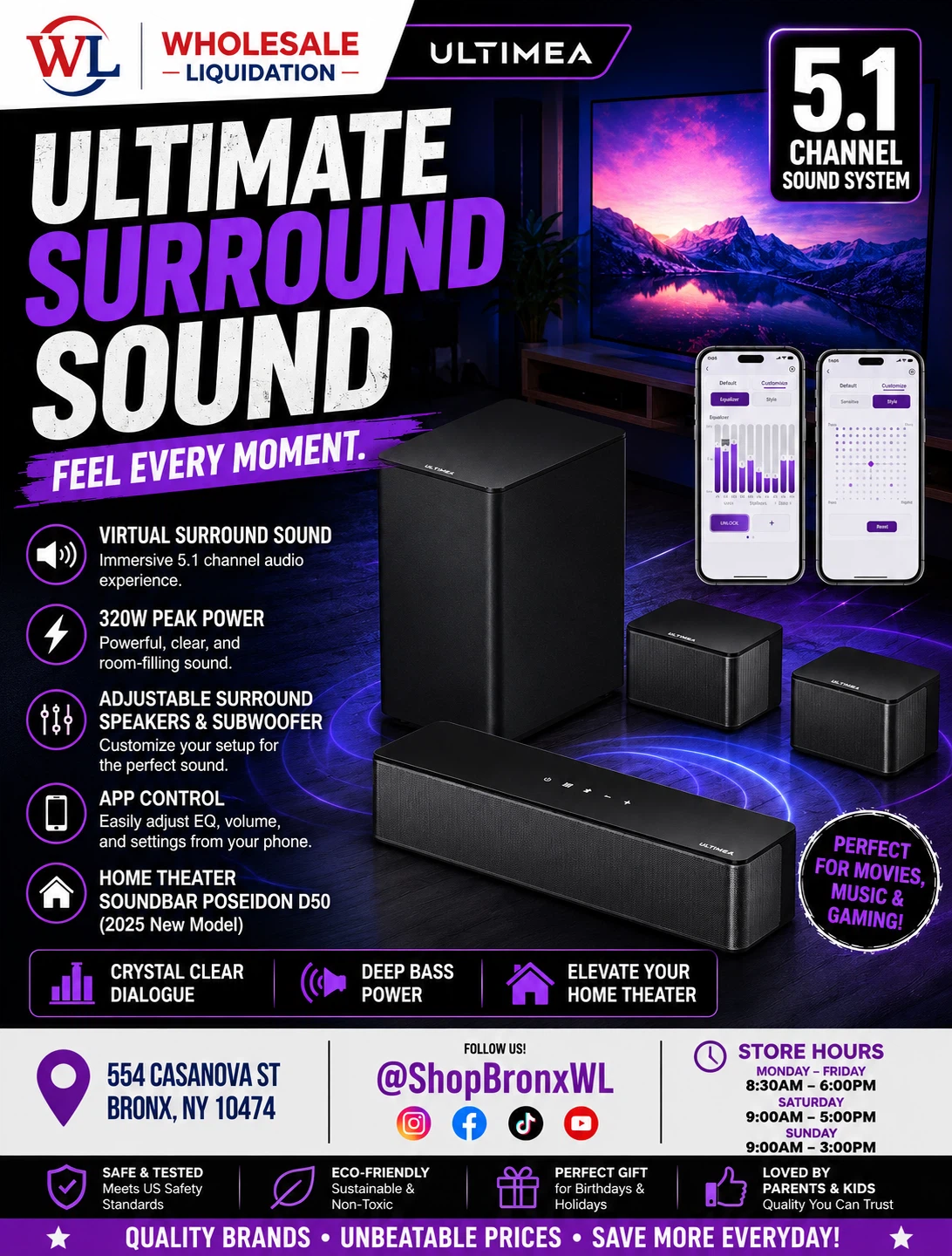 ULTIMEA 5.1 Channel Sound System with Poseidon D50 Soundbar