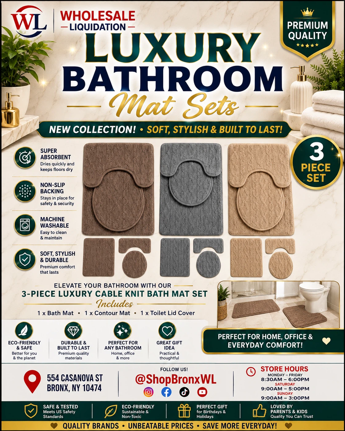 3-Piece Luxury Cable Knit Bath Mat Set