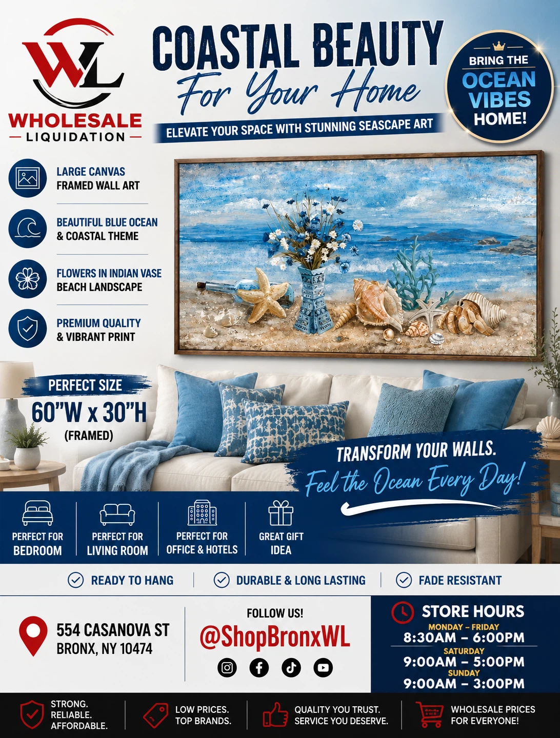 Large Framed Canvas Wall Art - Coastal Beach Landscape