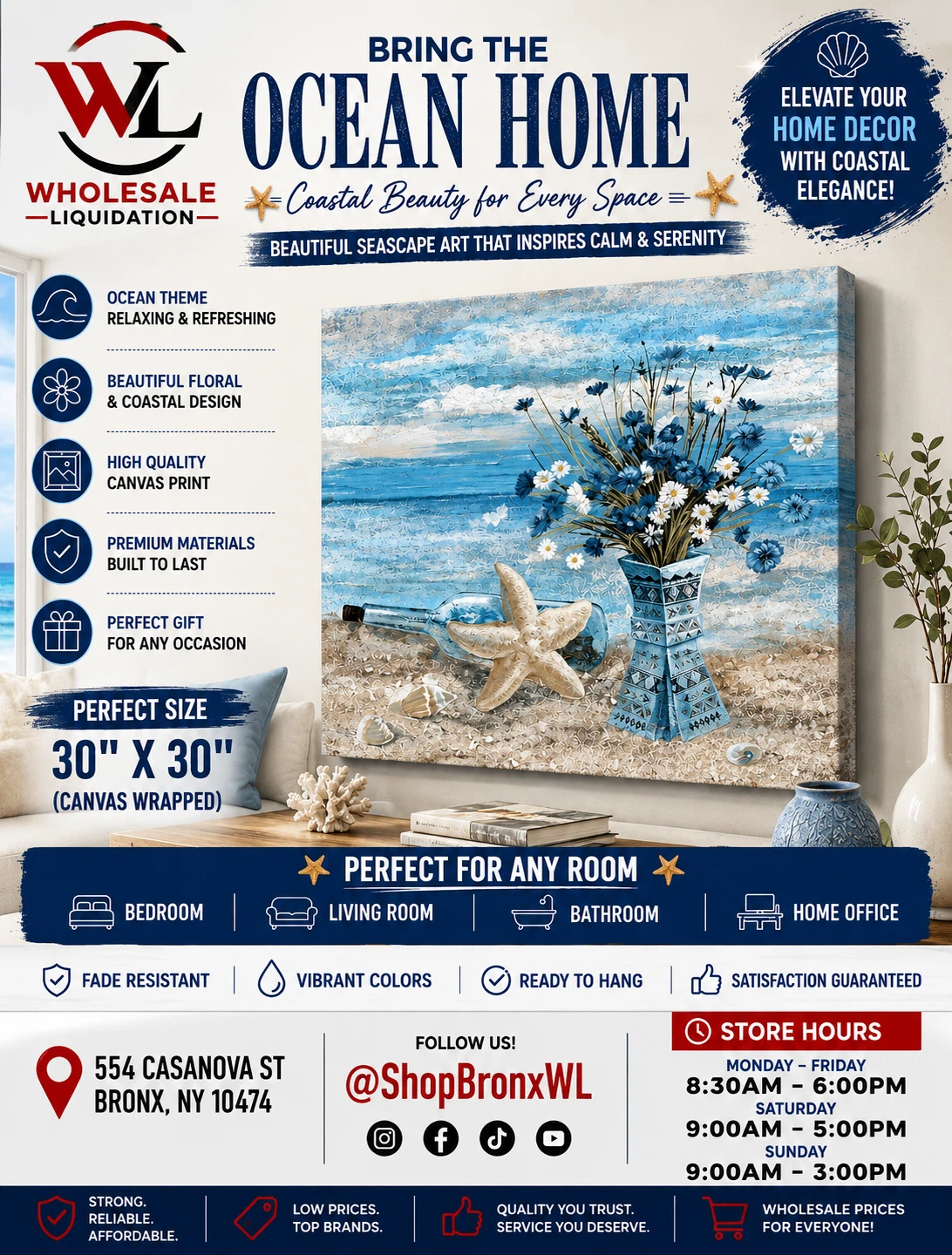 30"x30" Canvas Wall Art - Ocean Home Coastal Floral