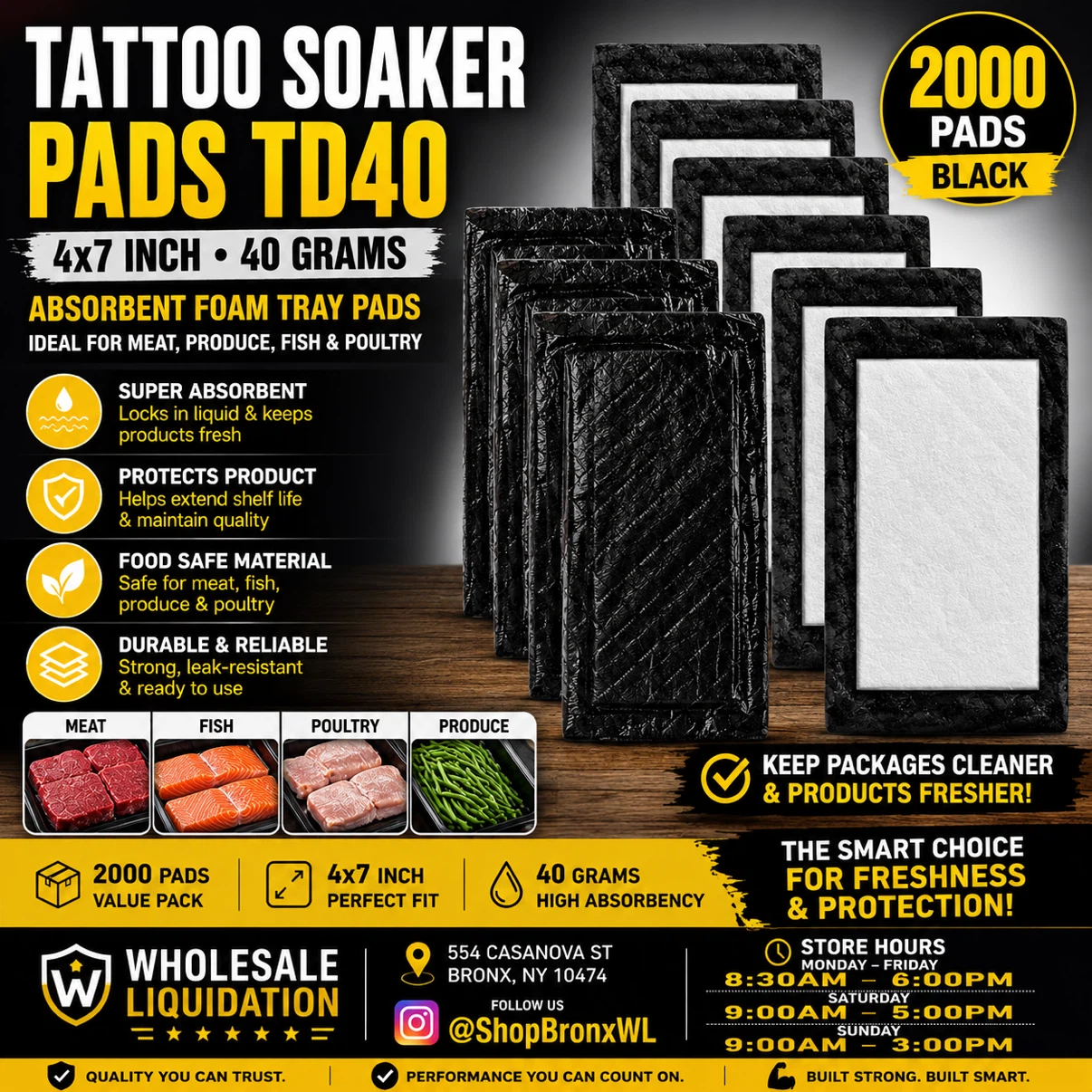 Tattoo Soaker Pads TD40 - 2000 Count - 4x7 Inch Black