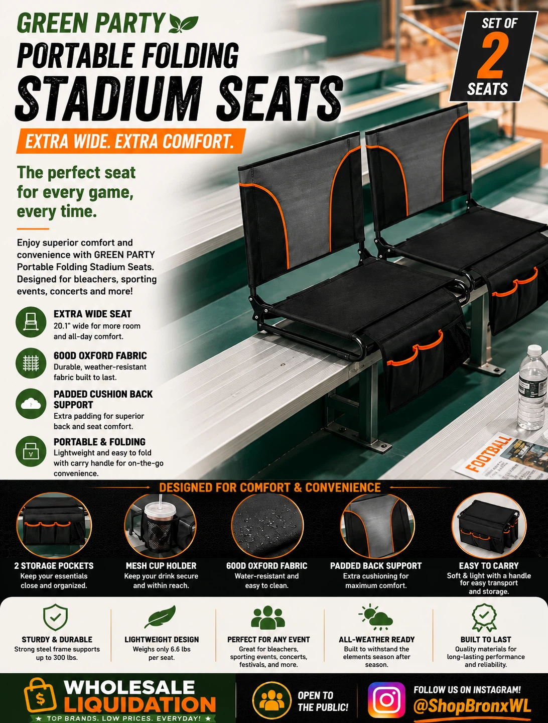 Green Party Portable Folding Stadium Seats (Set of 2)