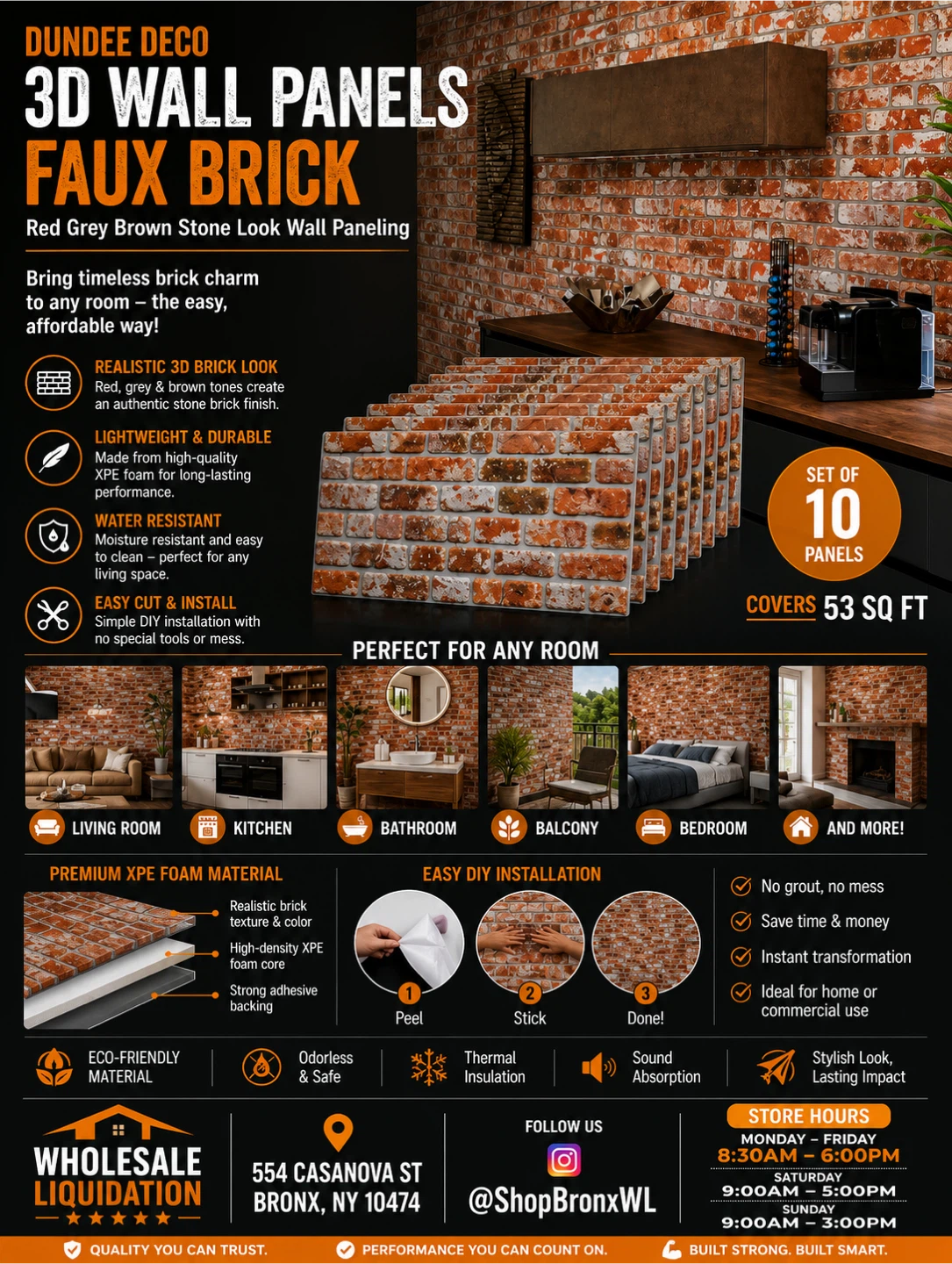 Dundee Deco 3D Faux Brick Wall Panels - Set of 10
