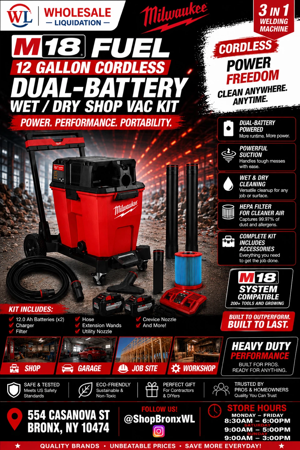 Milwaukee M18 FUEL 12 Gal Cordless Dual-Battery Wet/Dry Vac Kit