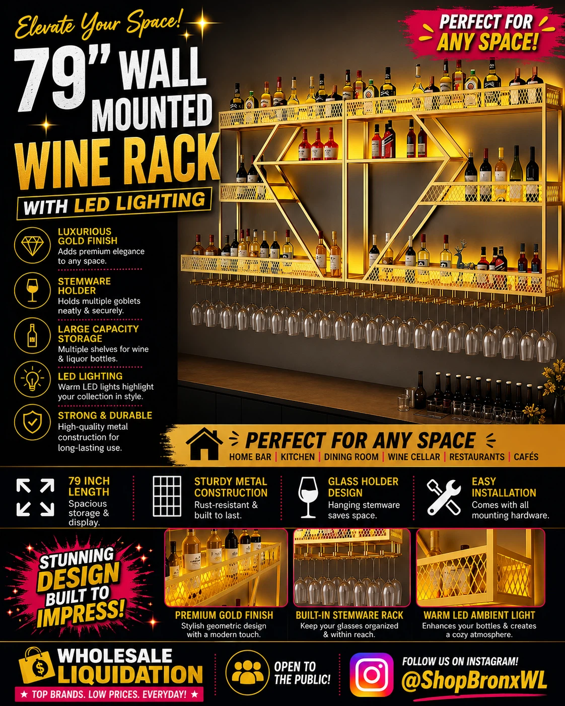 79" Wall Mounted Wine Rack with LED Lighting