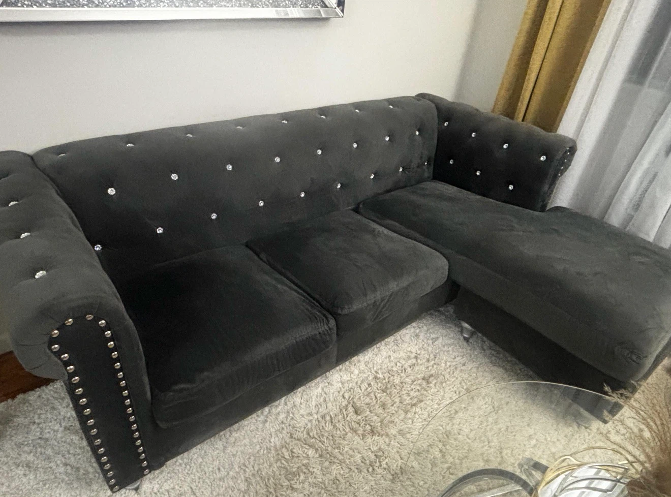 Dark Gray Velvet Tufted Sectional Sofa with Crystals