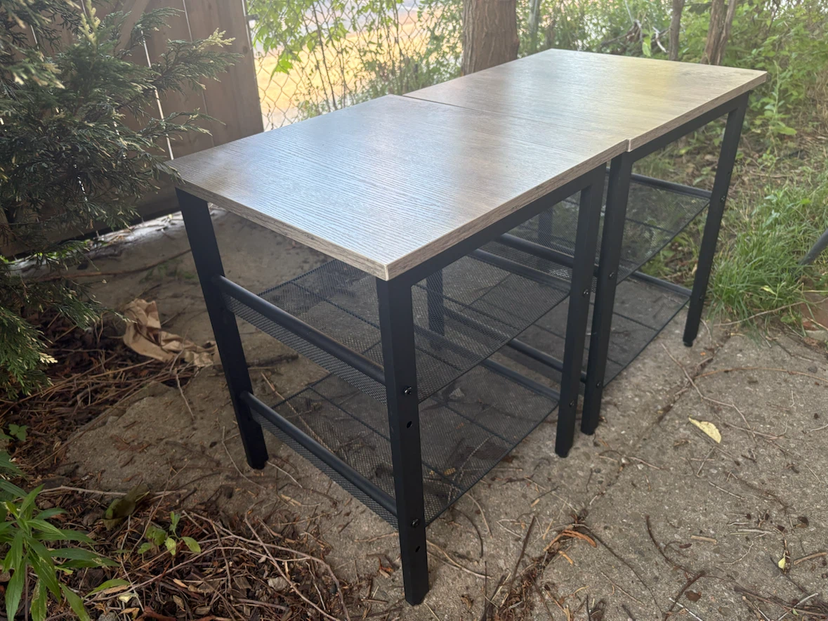Two Side Tables, Greige Wood-look Black Metal Frames