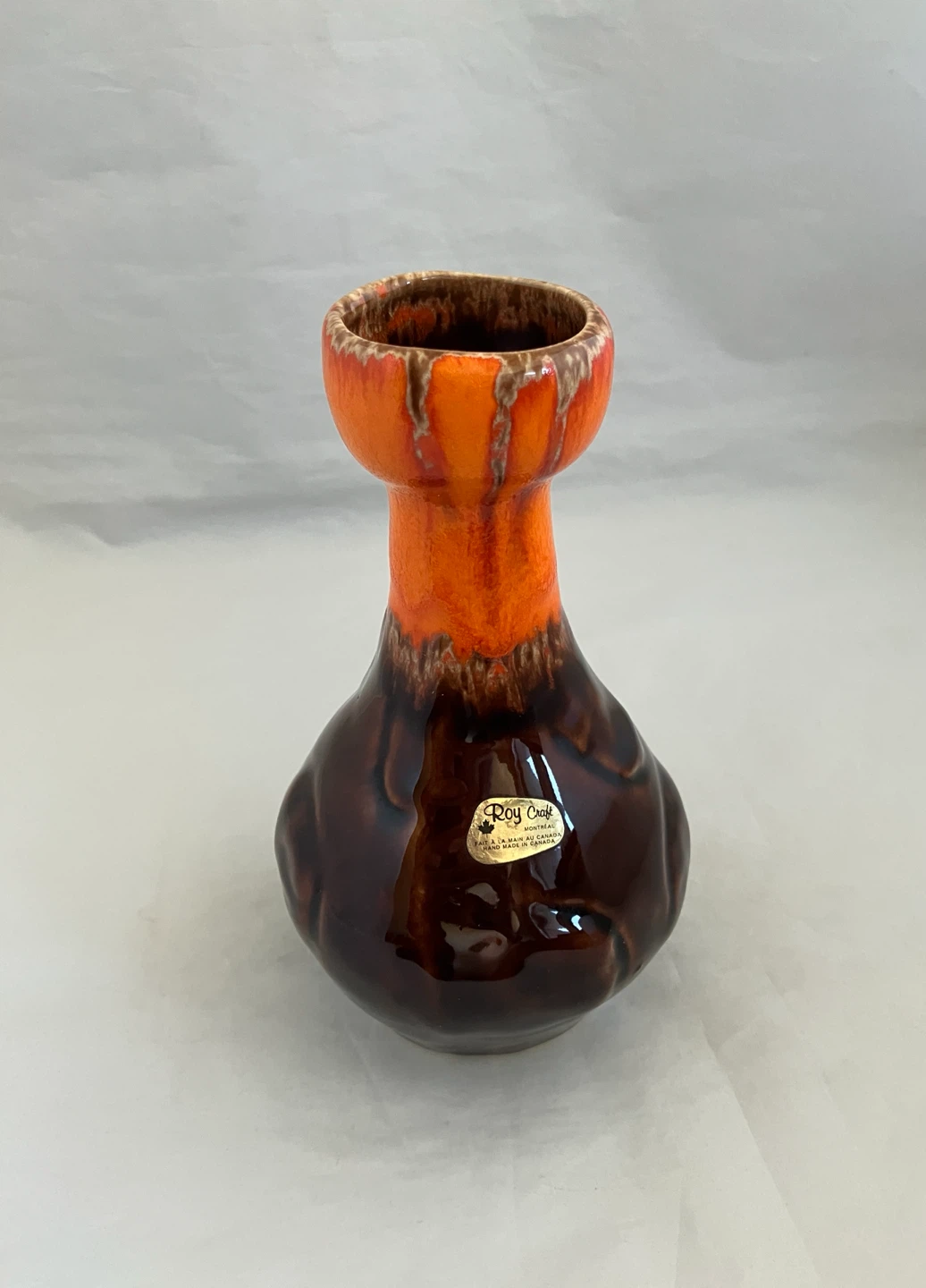 LAURENTIAN POTTERY Handmade Orange & Brown Drip Glaze Vase