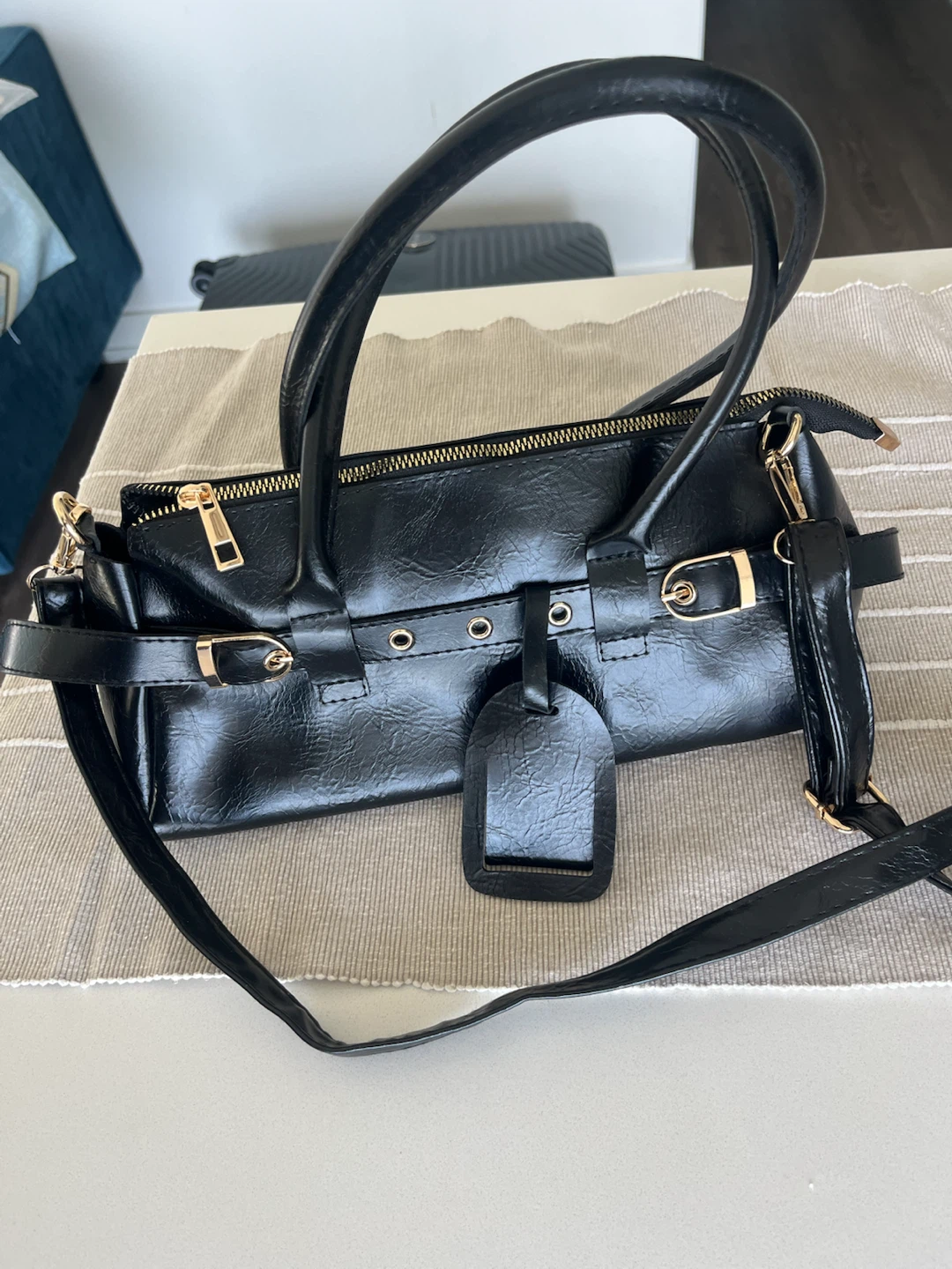 Black Faux Leather Satchel Handbag with Shoulder Strap