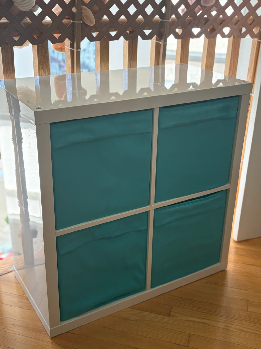 IKEA White 4-Cube Storage Unit with Teal Bins