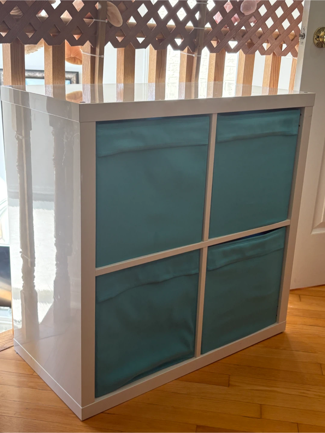 IKEA White 4-Cube Storage Unit with Teal Bins - photo 2
