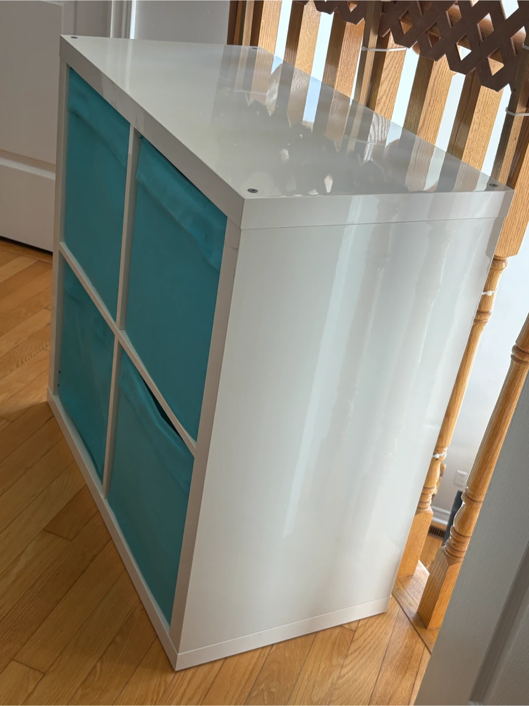 IKEA White 4-Cube Storage Unit with Teal Bins - photo 3