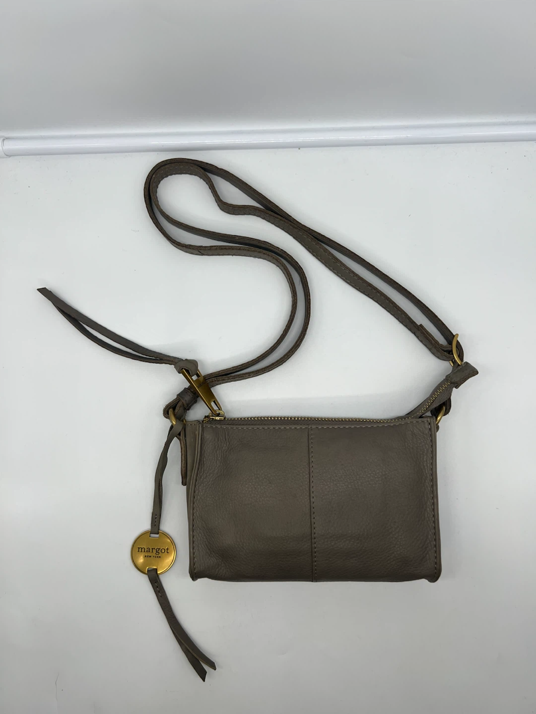MARGOT NEW YORK Taupe Gray Leather Small Crossbody Bag