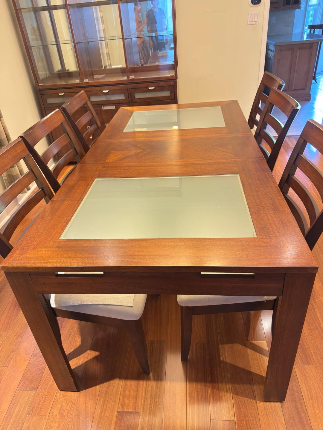Wooden Dining Table with Frosted Glass Inserts