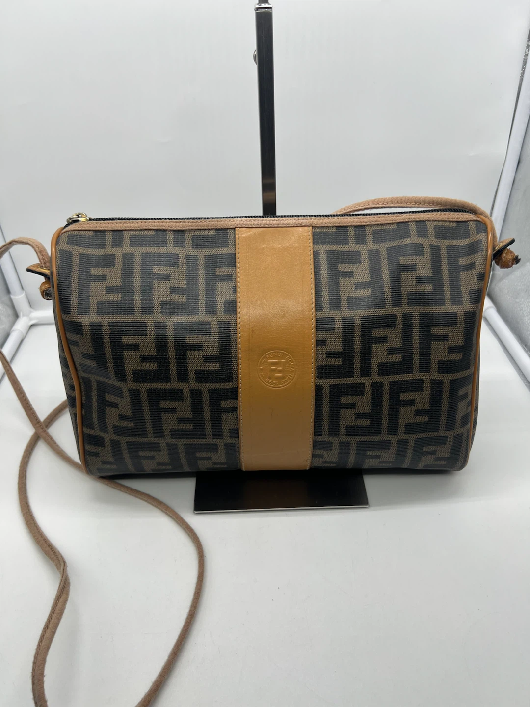 FENDI VINTAGE Zucca FF Logo Coated Canvas Tan Lthr Crossbody Bag