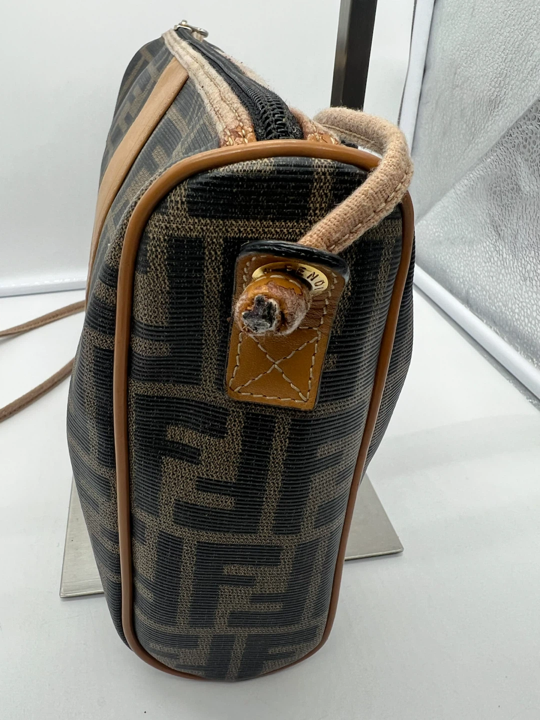 FENDI VINTAGE Zucca FF Logo Coated Canvas Tan Lthr Crossbody Bag - photo 5