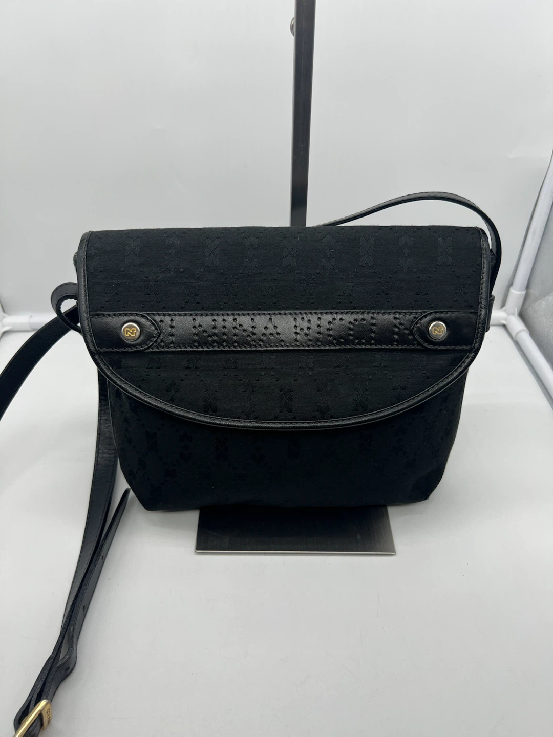NINA RICCI VINTAGE Black Monogram Canvas Leather Crossbody Bag