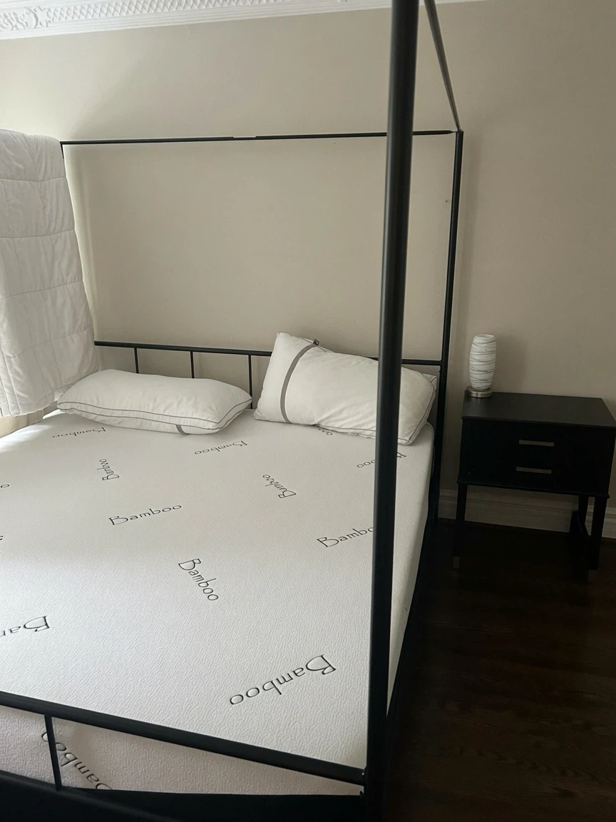 Black Canopy bed and Bamboo Mattress (King)