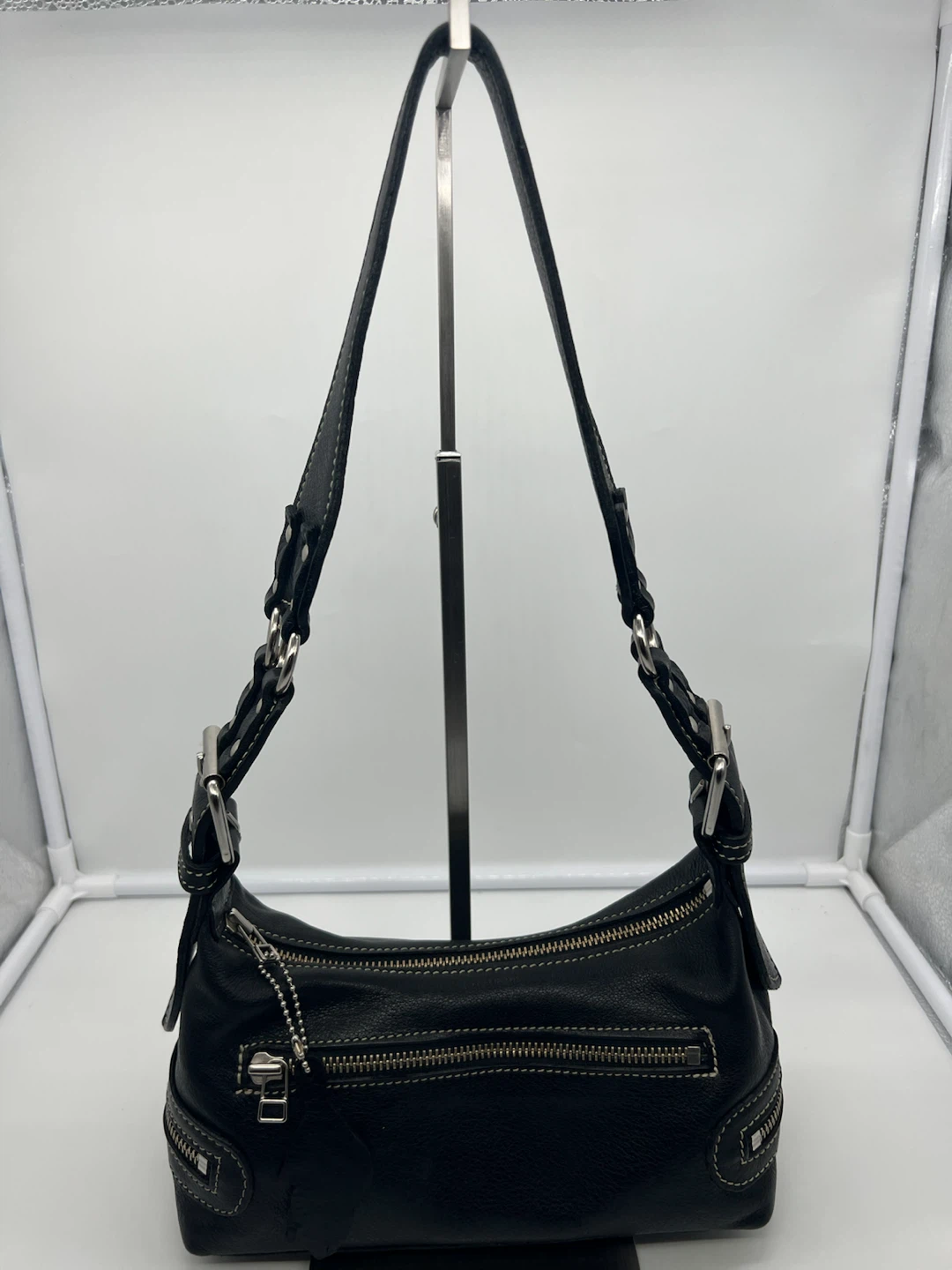 ROOTS VINTAGE Y2K Black Leather Zip Small Baguette Shoulder Bag