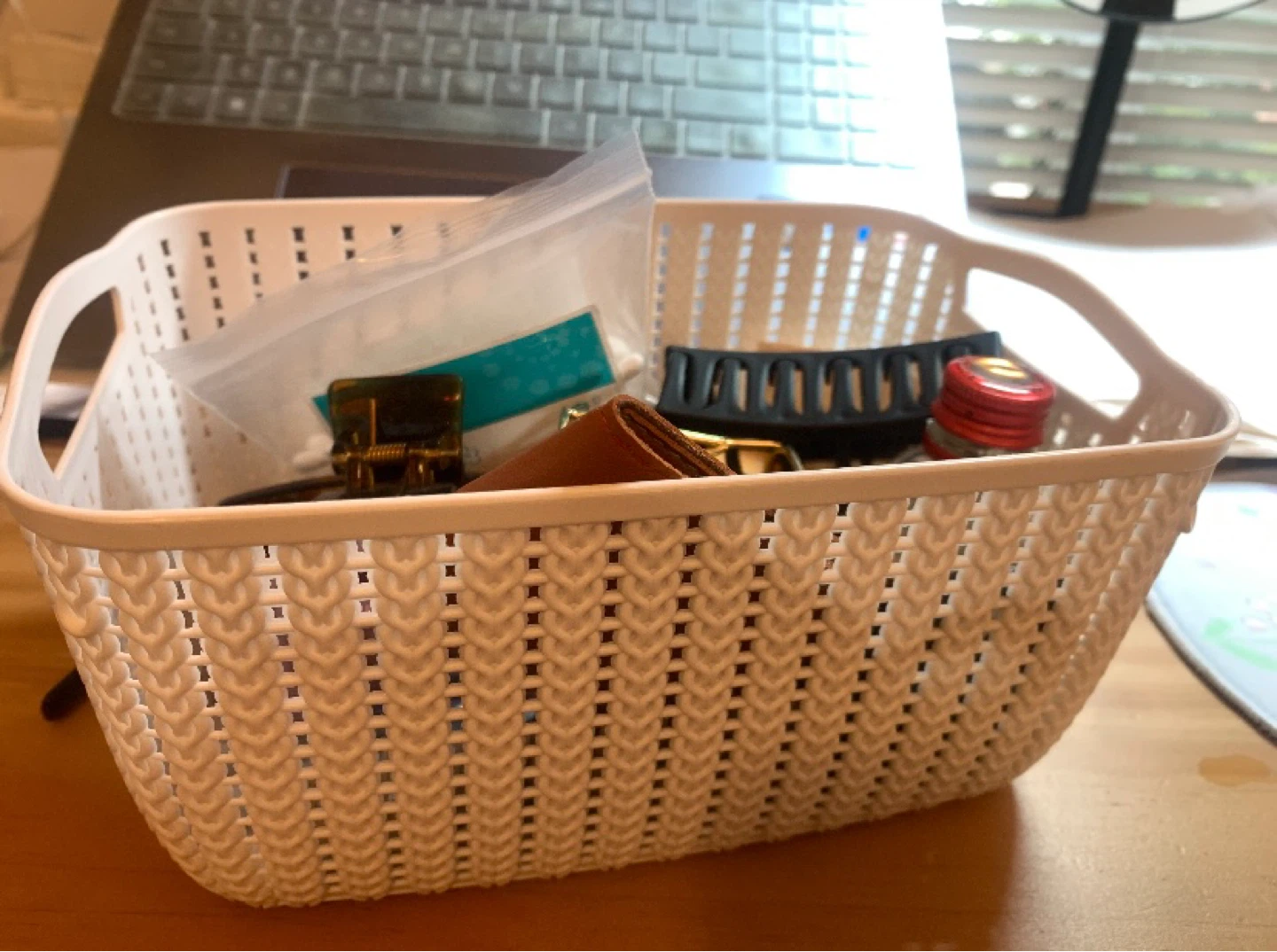 White Plastic Storage Basket with Handles - Desktop Organizer