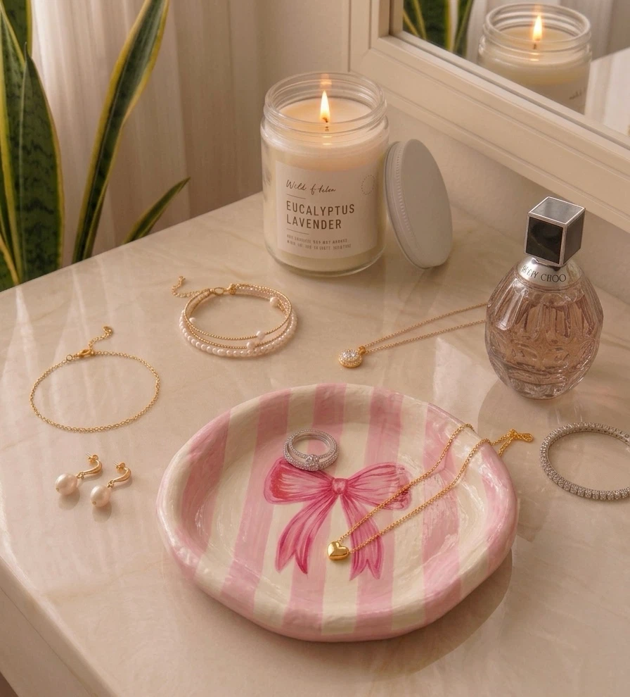 Handmade Pink Bow Trinket Tray | Vanity Decor | Jewellery Tray