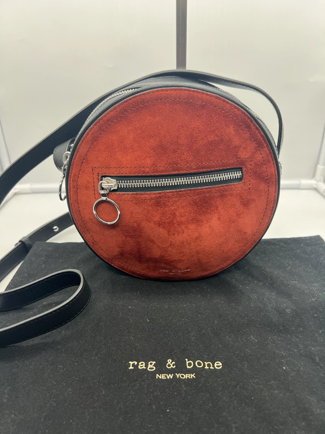 RAG & BONE Circle Rust Red Suede Black Leather Padded Crossbody - photo 2