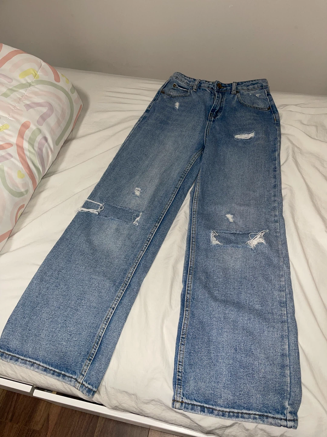 Blue Distressed Wide Leg Jeans