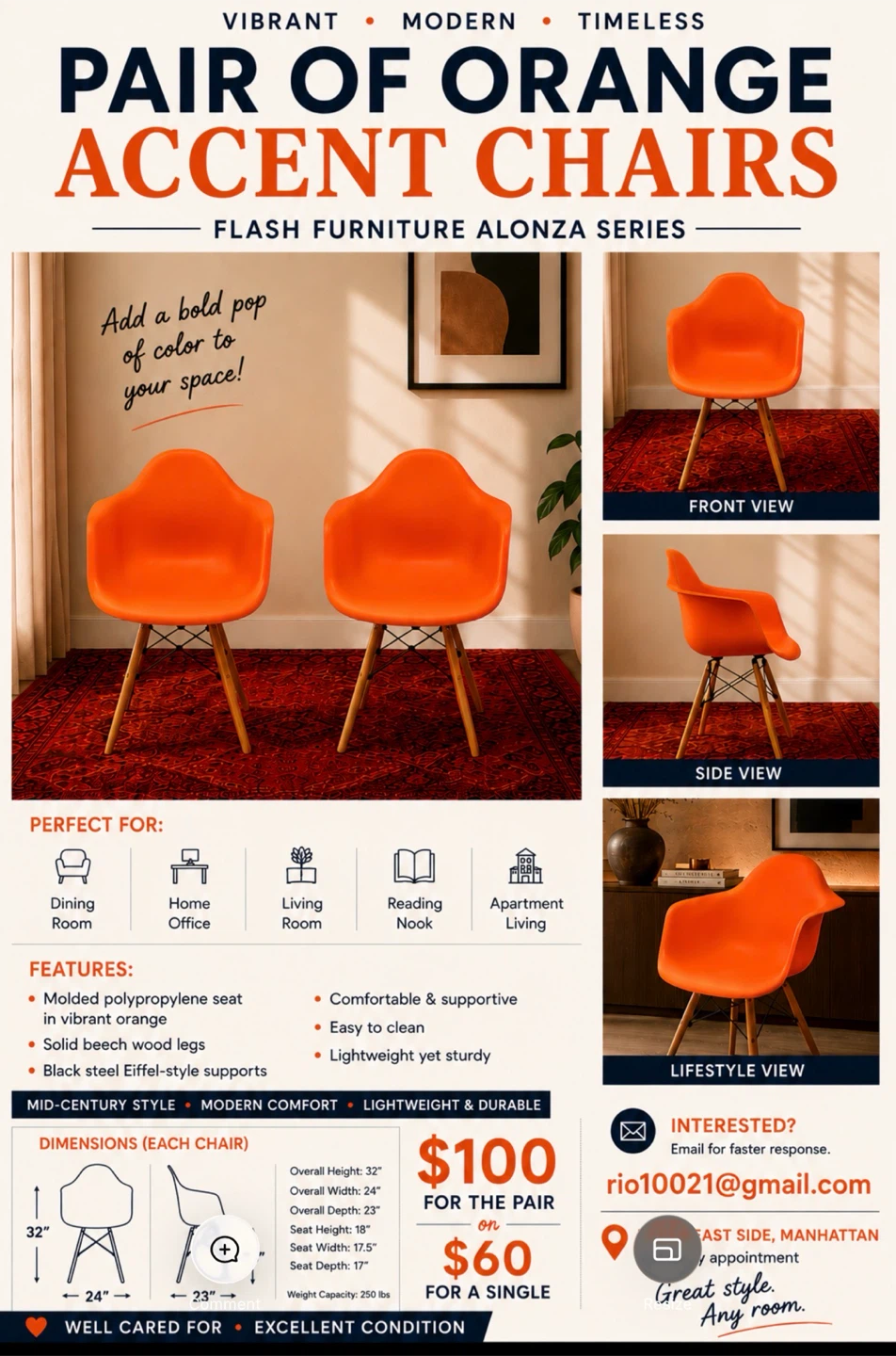 Pair of Orange Accent Chairs - Flash Furniture Alonza Series - photo 4