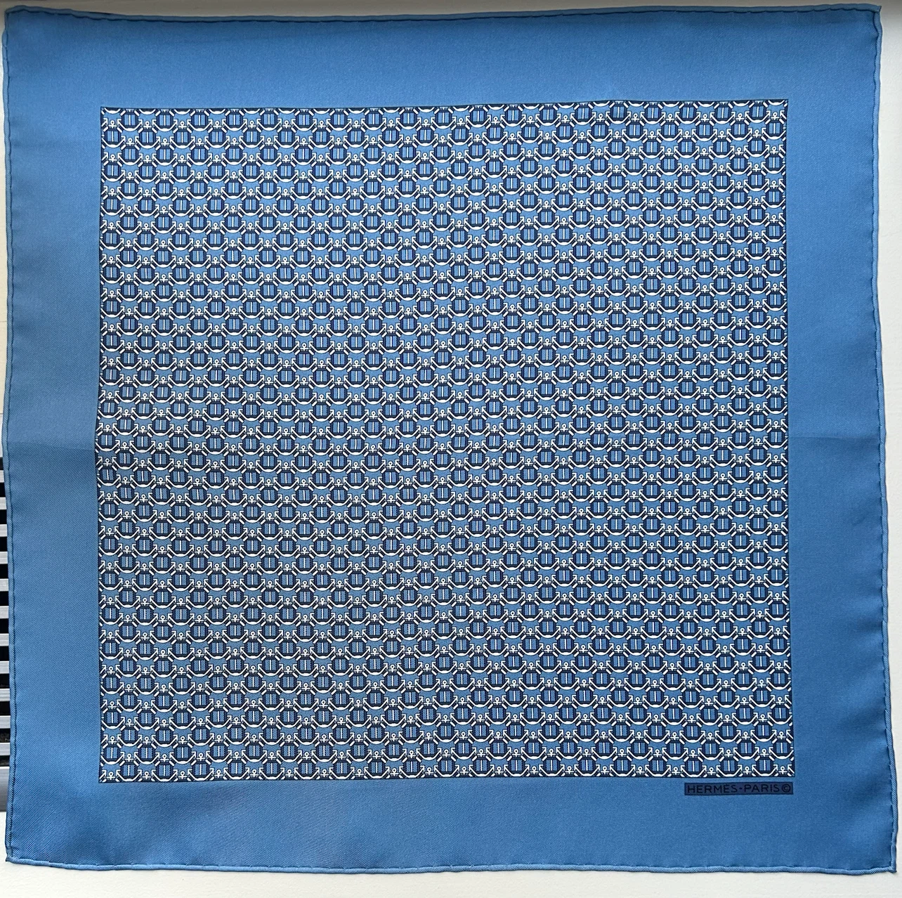 Hermes Paris Silk Scarf Blue Anchor Print