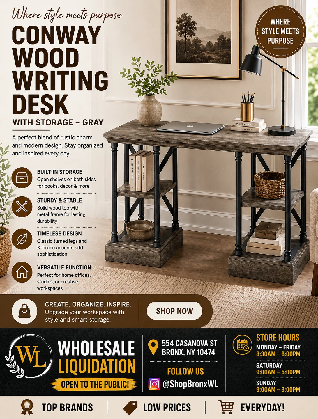 Conway Wood Writing Desk with Storage - Gray