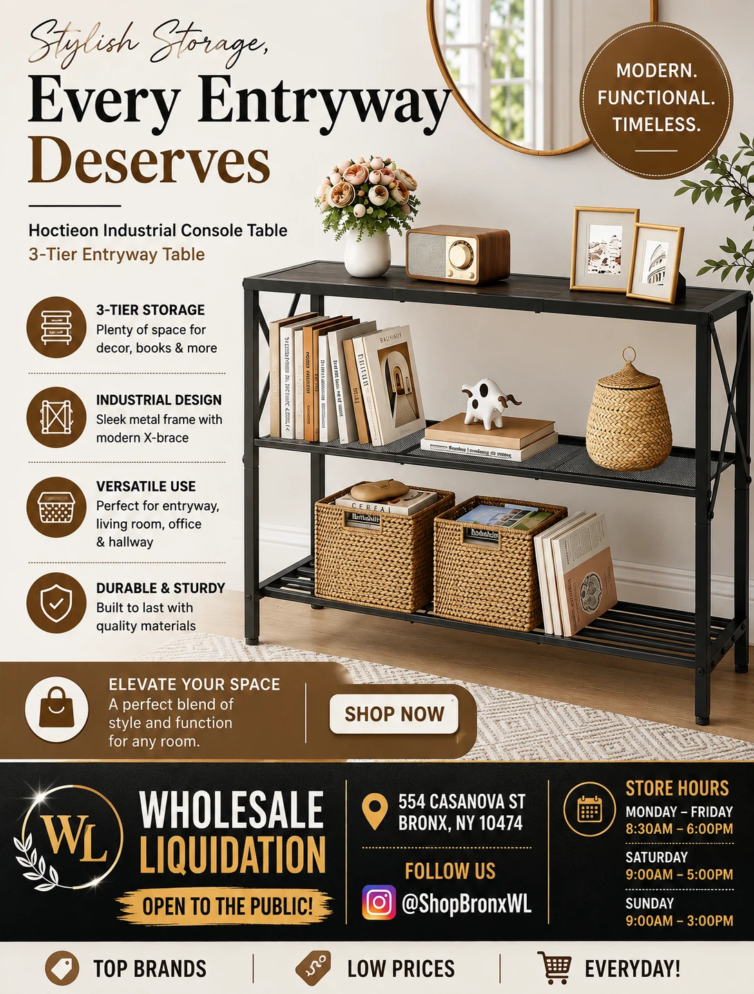 Hoctieon Industrial Console Table - 3-Tier Entryway Table