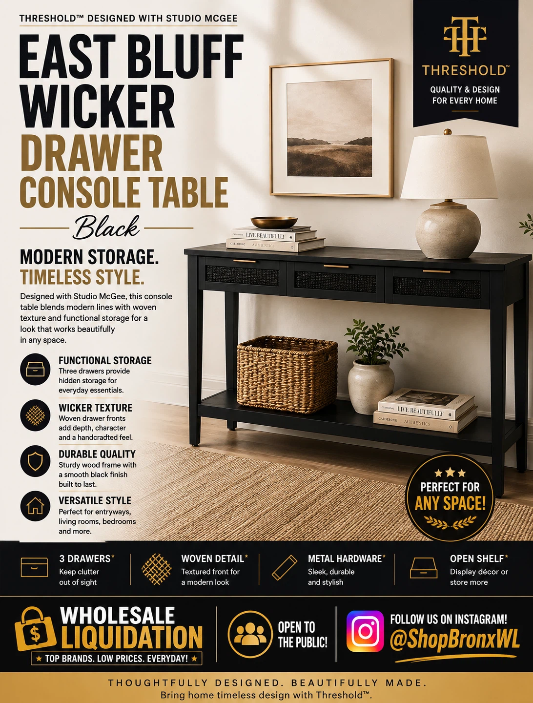 Threshold East Bluff Wicker Drawer Console Table - Black