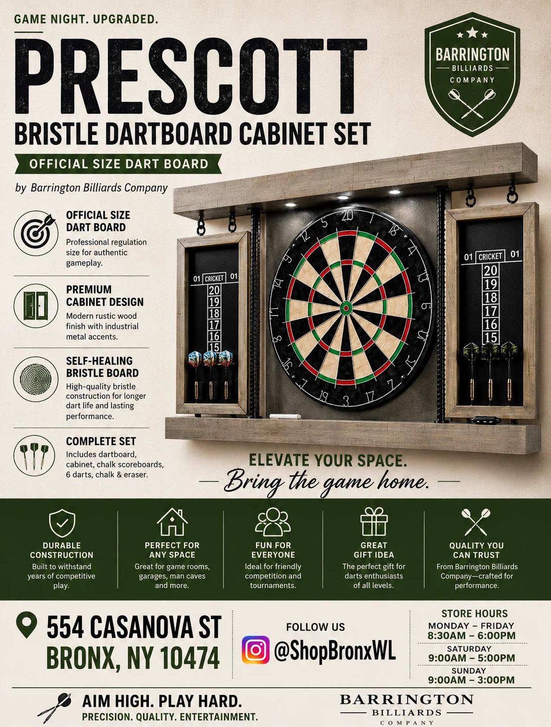 Barrington Billiards Prescott Bristle Dartboard Cabinet Set