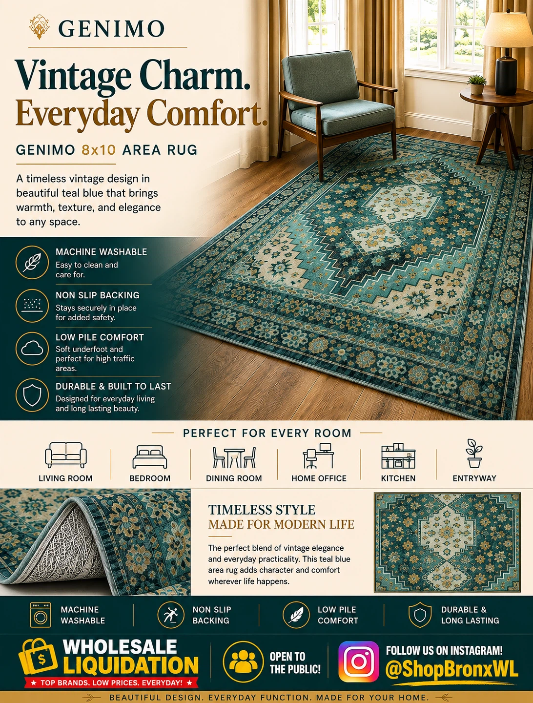 GENIMO 8x10 Area Rug - Teal Blue Vintage Style
