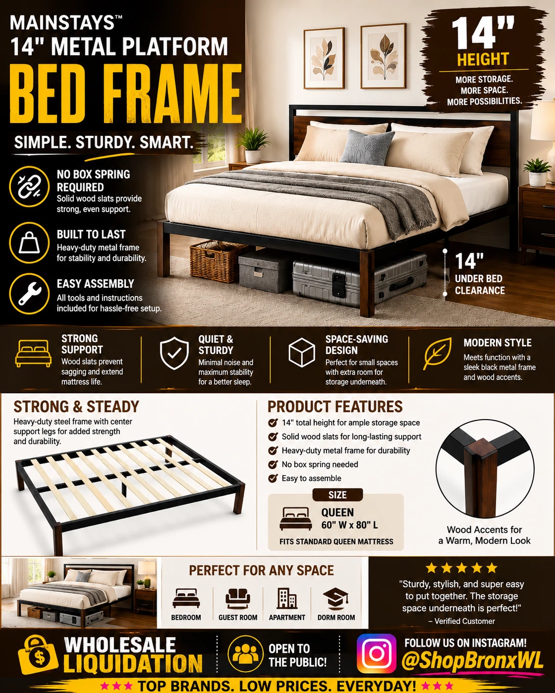 Mainstays 14" Metal Platform Bed Frame - Queen