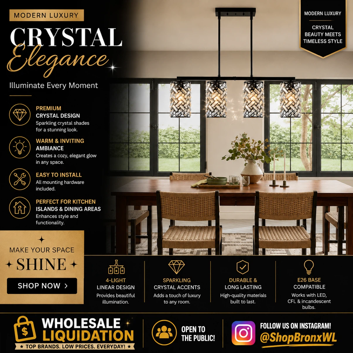 4-Light Linear Crystal Chandelier