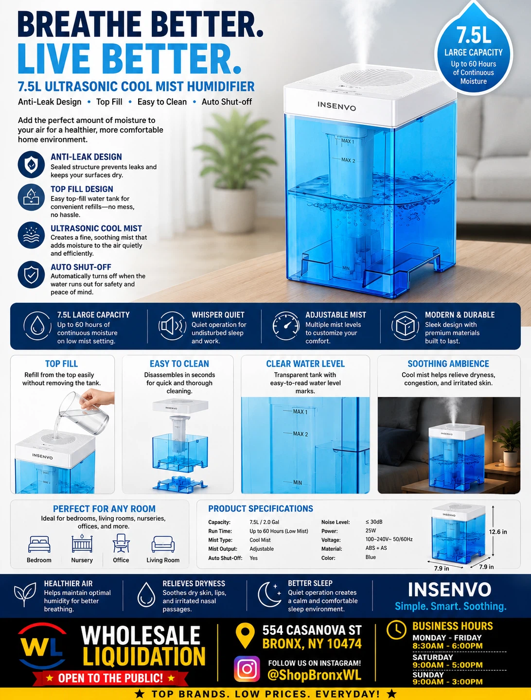 Insenvo 7.5L Ultrasonic Cool Mist Humidifier - Blue