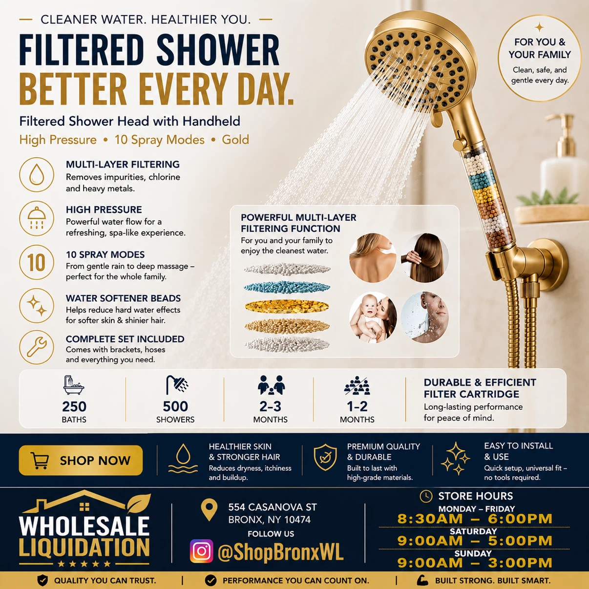 Gold High Pressure Filtered Shower Head - 10 Spray Modes
