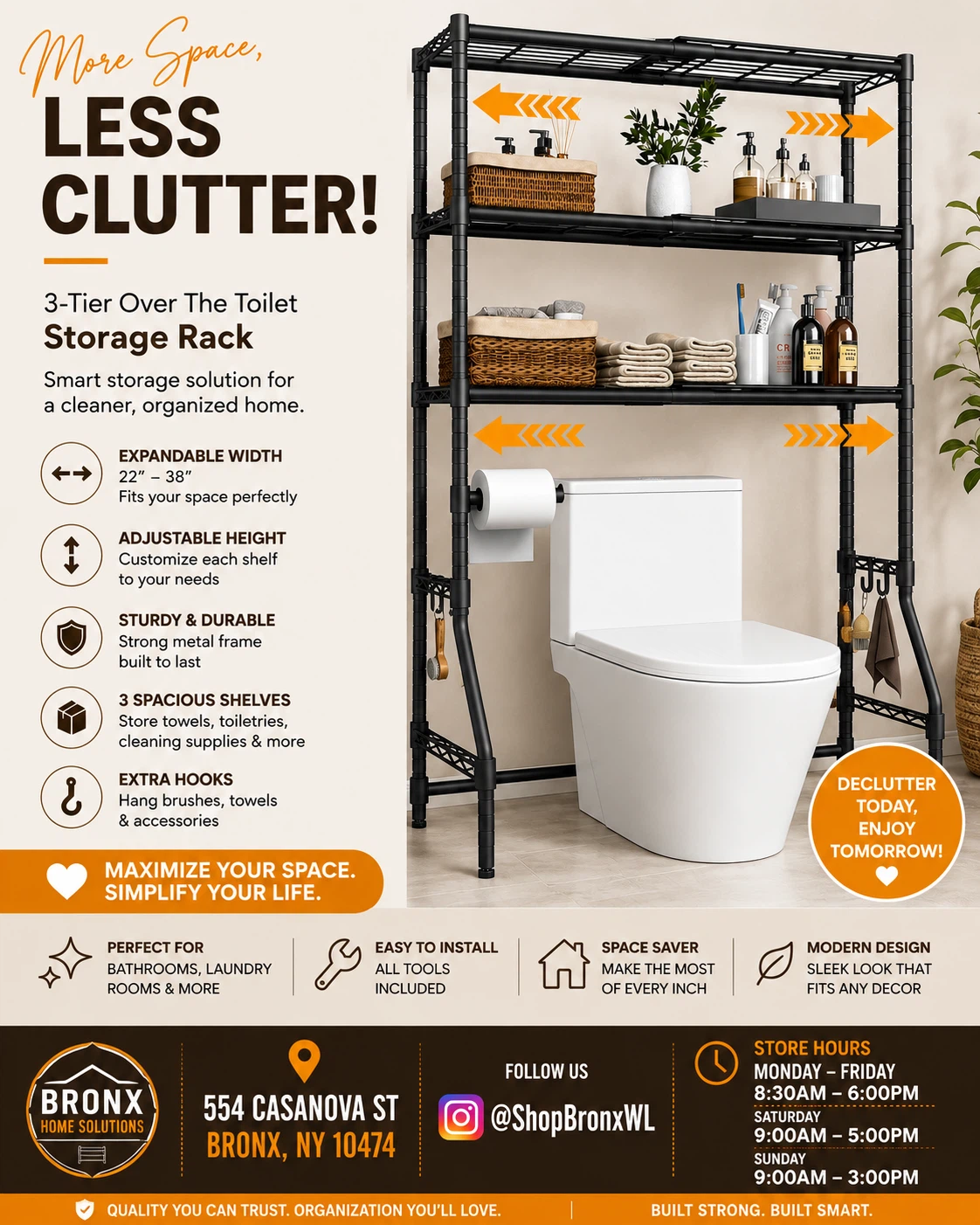 3-Tier Over The Toilet Storage Rack - Expandable Metal Frame