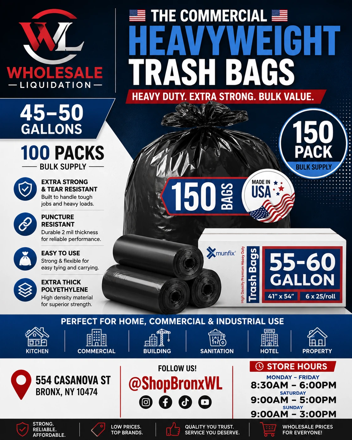 Munfix Commercial Heavy Duty Trash Bags - 150 Count, 55-60 GL