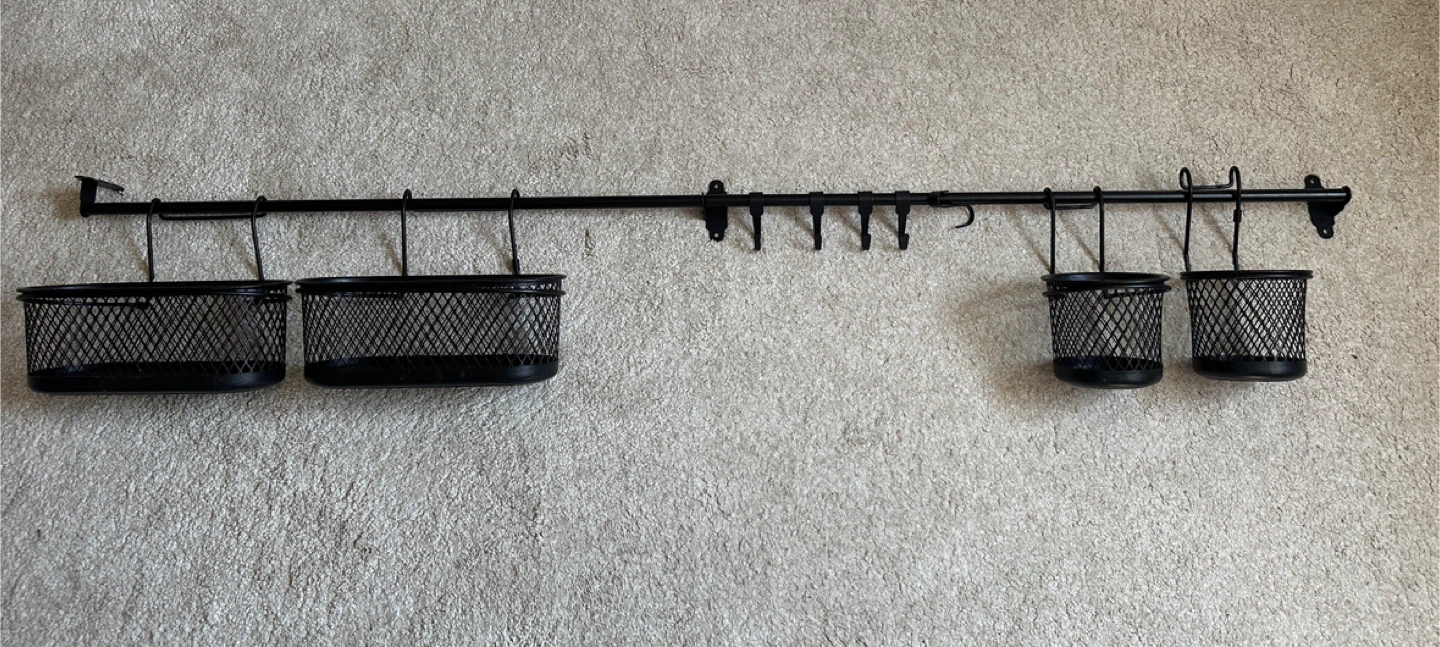 Black Metal Wall Mounted Rack with Utensil Holders and Hooks