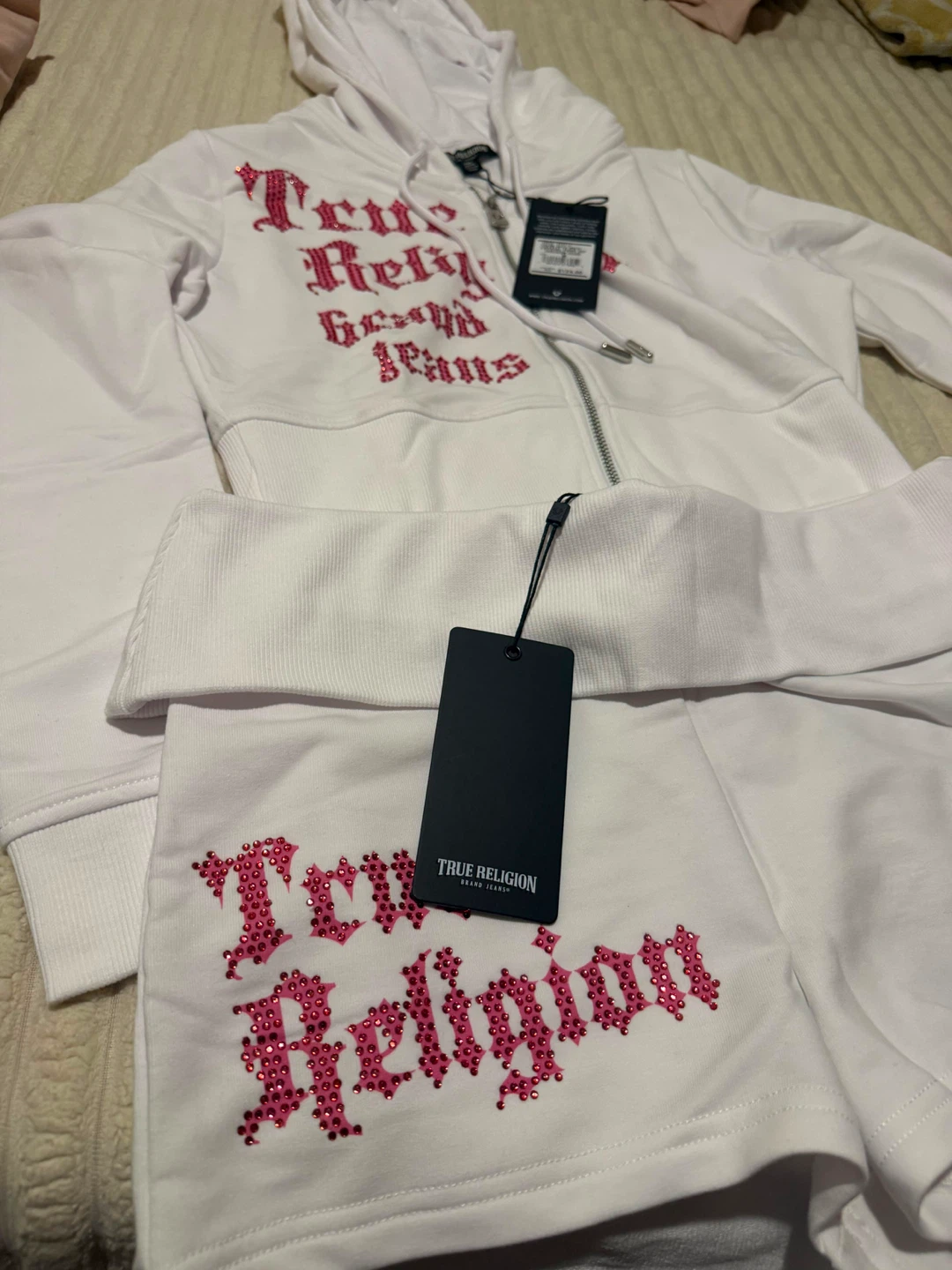 True Religion White Crystal Logo Hoodie & Shorts Set
