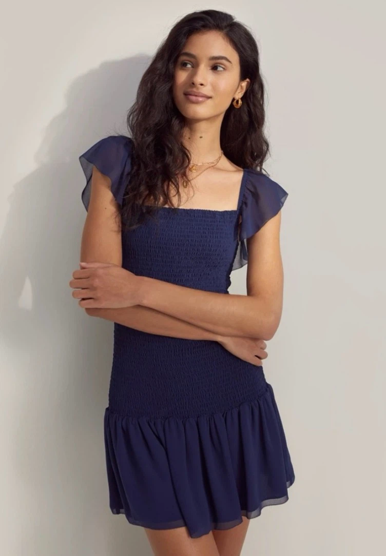 Wilfred Navy Blue Smocked Mini Dress with Ruffle Sleeves